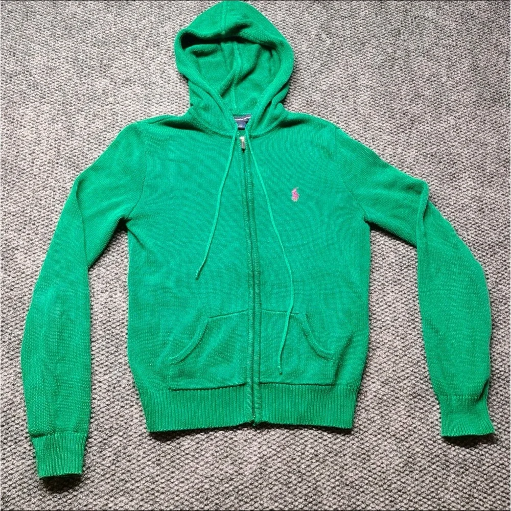 Ralph Lauren Sport Green Cotton Knit Full Zip Hoodie Pink Pony Kids M Women XS